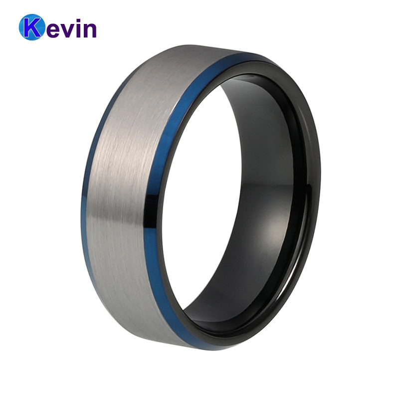 Black Wedding Ring Men Women Tungsten Ring Blue Bevel Edges Comfort Fit