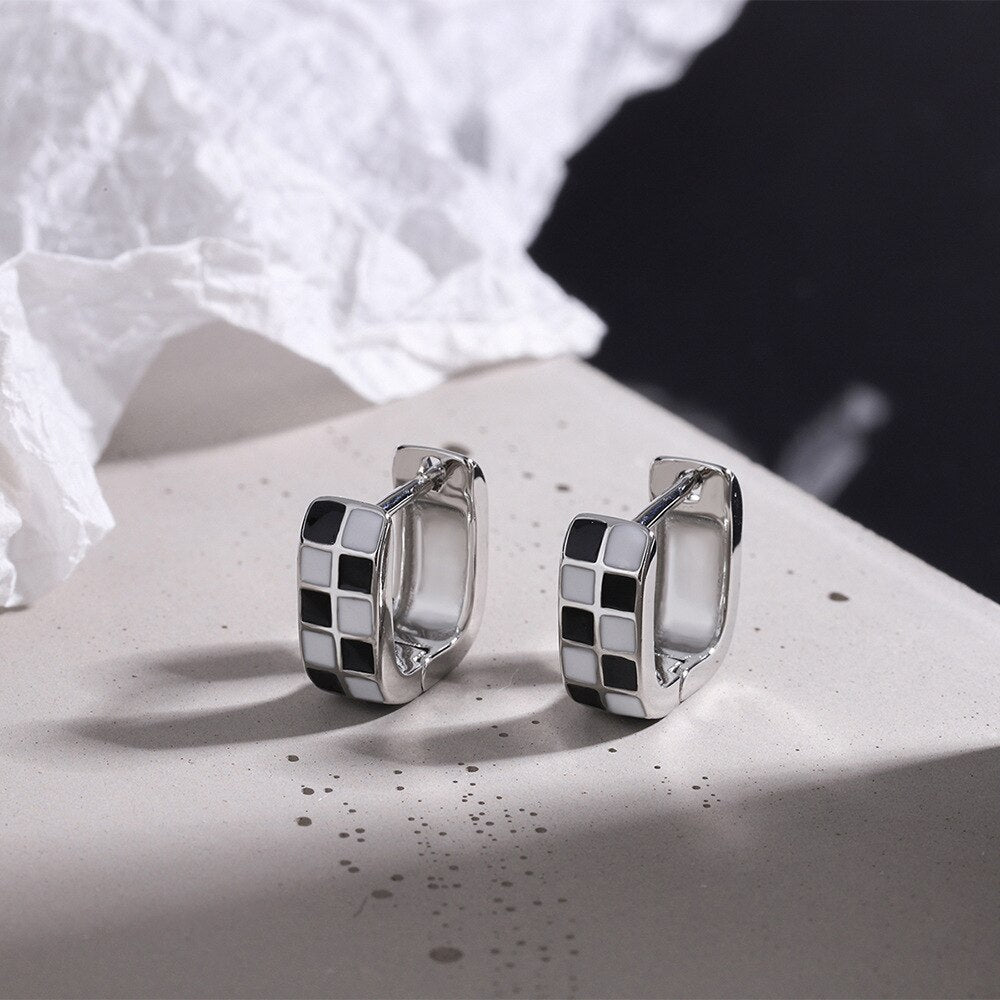 Black White Lattice Earrings For Women 925 Stamp Silver Color Small Wedding Designer  Quality Jewelry Christmas