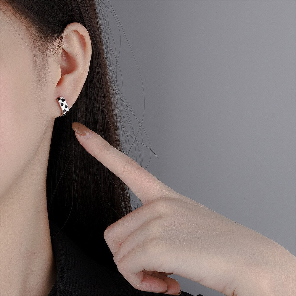 Black White Lattice Earrings For Women 925 Stamp Silver Color Small Wedding Designer  Quality Jewelry Christmas