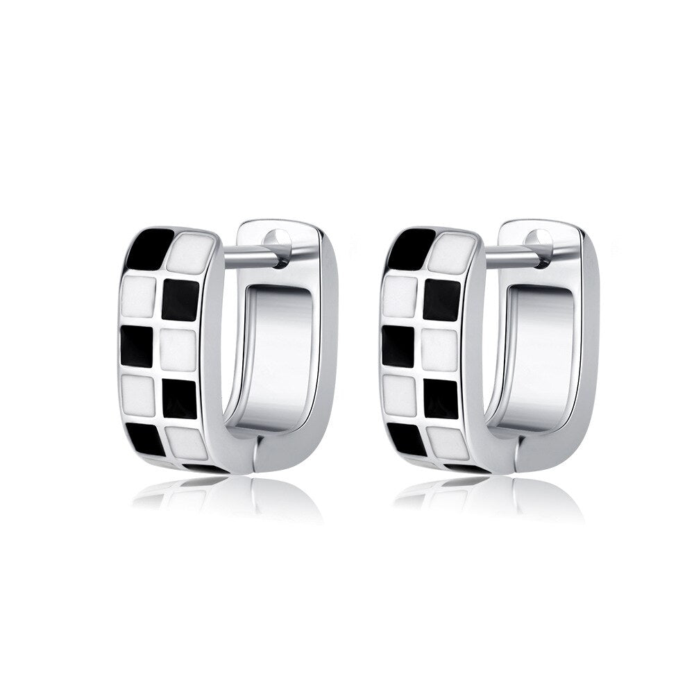 Black White Lattice Earrings For Women 925 Stamp Silver Color Small Wedding Designer  Quality Jewelry Christmas