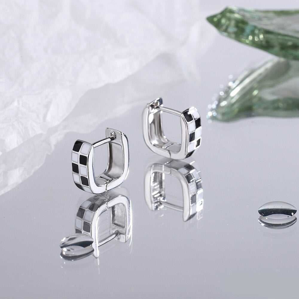 Black White Lattice Earrings For Women 925 Stamp Silver Color Small Wedding Designer  Quality Jewelry Christmas