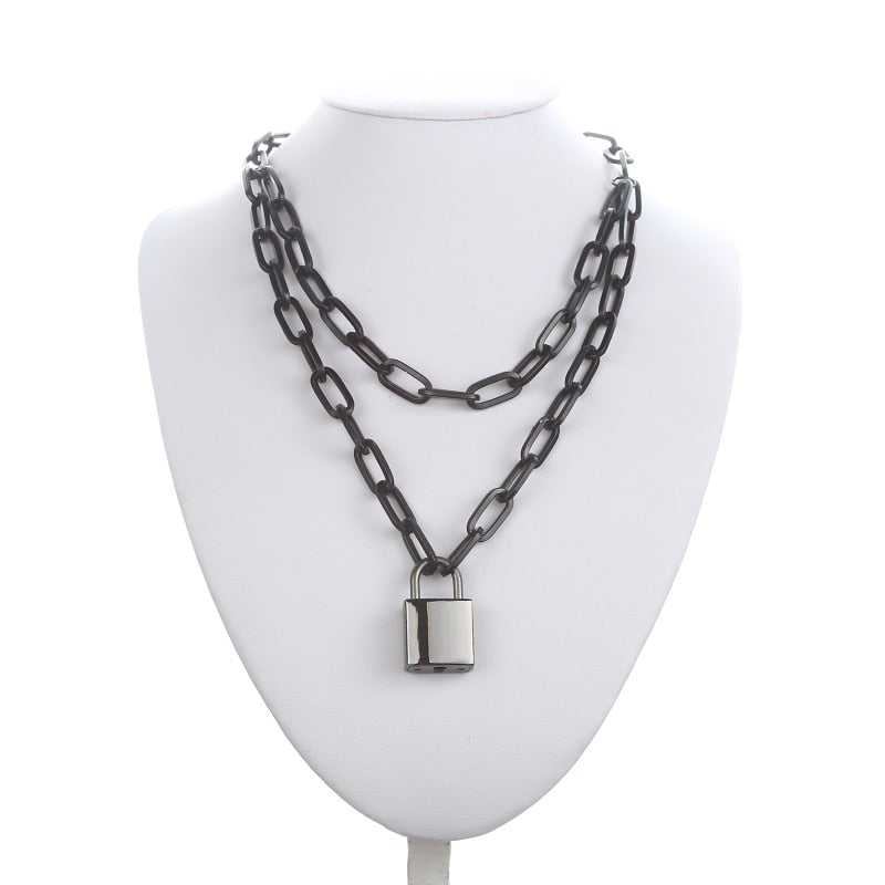 Black chain necklace square lock necklace women men metal padlock chains hip hop goth jewelry accessories  gifts