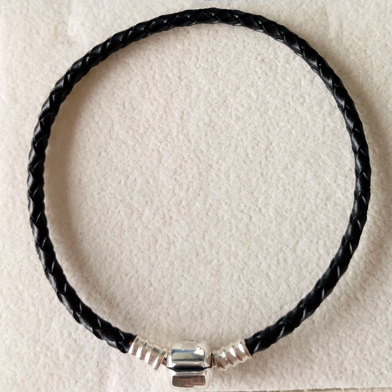 Black leather bracelet without charms fit brand European charms DIY with 925 sterling silver clasp fine jewelry   PL001
