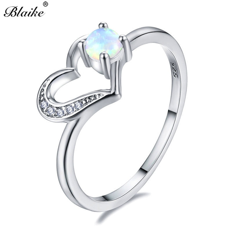 925 Sterling Silver Filled Hollow Heart Rings For Women Round White/Blue/Purple/Fire Opal Stone Ring Engagement Jewelry