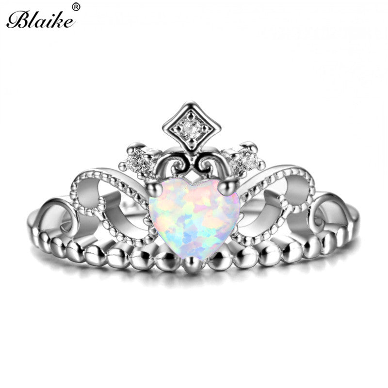 925 Sterling Silver Filled White Fire Opal Heart Crown Rings For Women Men Simple Fashion Jewelry Rainbow Birthstone Ring
