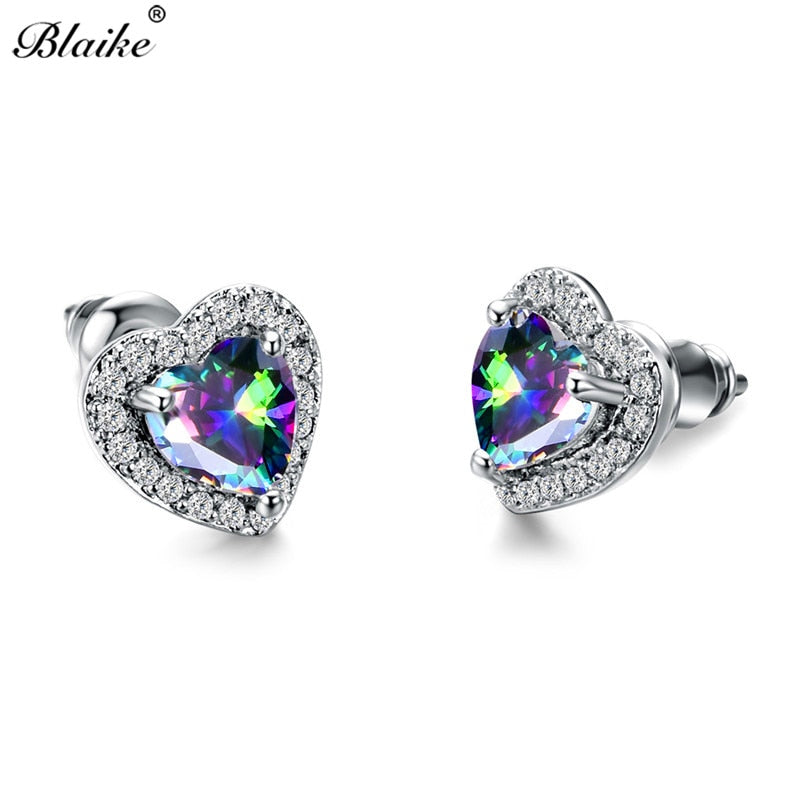 Cute Heart Mystic Fire Multicolor Zircon Stud Earrings for Women 925 Sterling Silver Filled Rainbow Birthstone Earrings