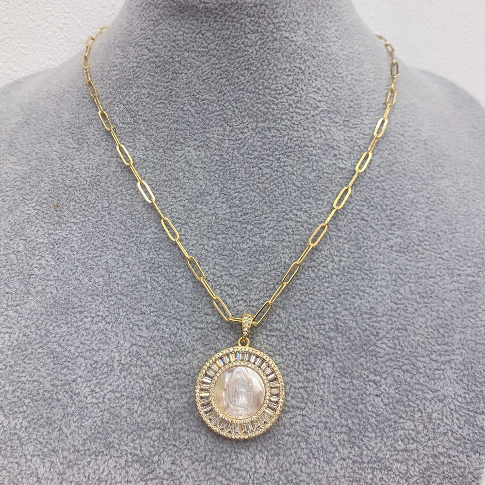 Blessing Round Virgin Guadalupe Pendant Necklace Colored Zircon Natural Shell Jewelry Necklaces for Women
