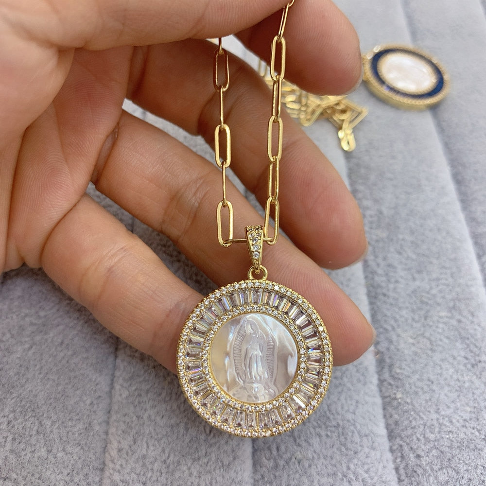 Blessing Round Virgin Guadalupe Pendant Necklace Colored Zircon Natural Shell Jewelry Necklaces for Women