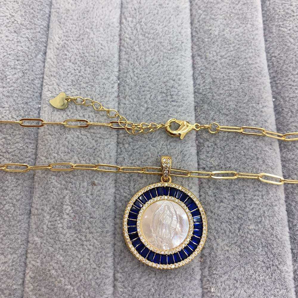 Blessing Round Virgin Guadalupe Pendant Necklace Colored Zircon Natural Shell Jewelry Necklaces for Women