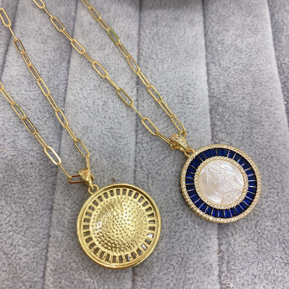 Blessing Round Virgin Guadalupe Pendant Necklace Colored Zircon Natural Shell Jewelry Necklaces for Women
