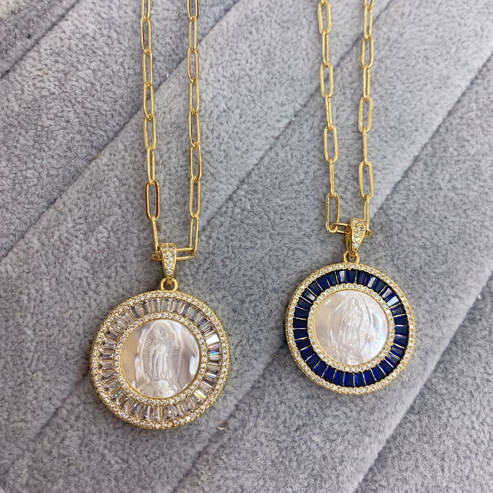 Blessing Round Virgin Guadalupe Pendant Necklace Colored Zircon Natural Shell Jewelry Necklaces for Women