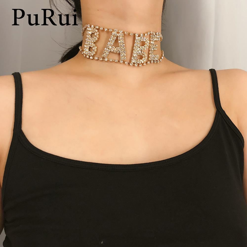 Bling BABE Crystal Rhinestone Choker Necklace Chain Gold Color Sexy Necklace for Women  Punk Collar Jewelry