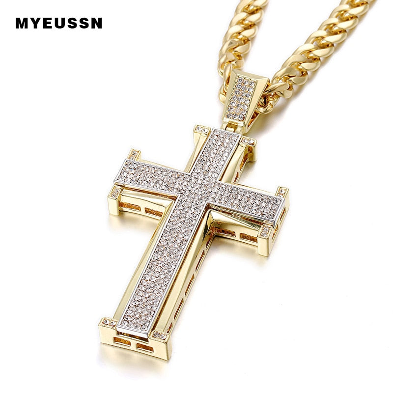 Bling Bling Cross Pendant Iced Out Black/White Crystal Charm Gold color Chain Men Necklace Father's Day Gift Hip Hop Jewelry