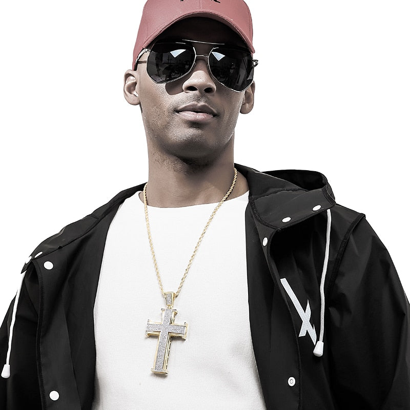 Bling Bling Cross Pendant Iced Out Black/White Crystal Charm Gold color Chain Men Necklace Father's Day Gift Hip Hop Jewelry