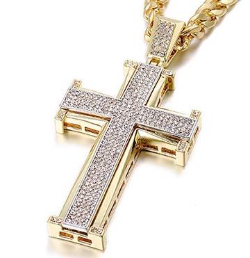 Bling Bling Cross Pendant Iced Out Black/White Crystal Charm Gold color Chain Men Necklace Father's Day Gift Hip Hop Jewelry