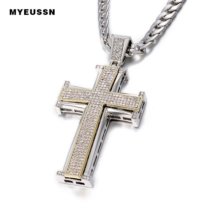 Bling Bling Cross Pendant Iced Out Black/White Crystal Charm Gold color Chain Men Necklace Father's Day Gift Hip Hop Jewelry