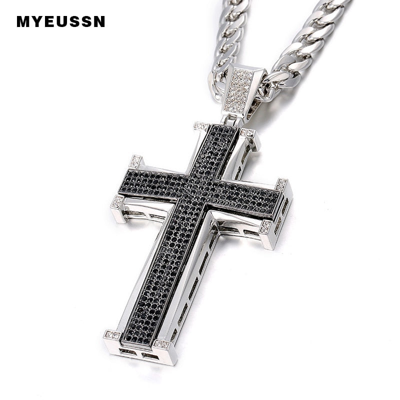 Bling Bling Cross Pendant Iced Out Black/White Crystal Charm Gold color Chain Men Necklace Father's Day Gift Hip Hop Jewelry