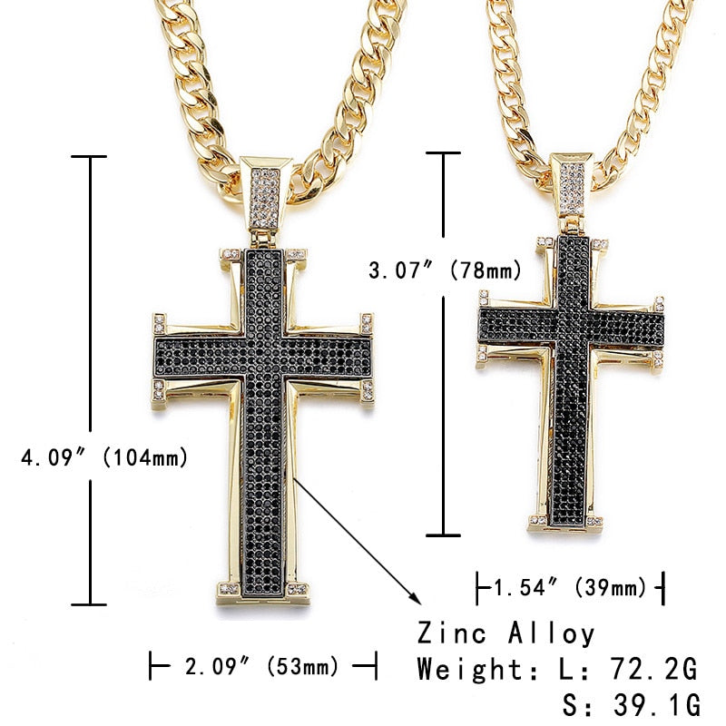 Bling Bling Cross Pendant Iced Out Black/White Crystal Charm Gold color Chain Men Necklace Father's Day Gift Hip Hop Jewelry