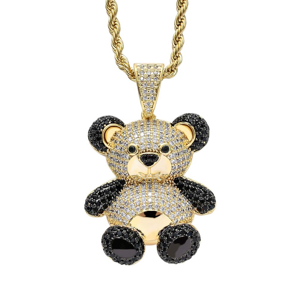Bling Bling Iced Out Teddy Bear Pendant Pave Full Cubic Zircon Hip Hop Jewelry Panda Necklace For Women Men Gift
