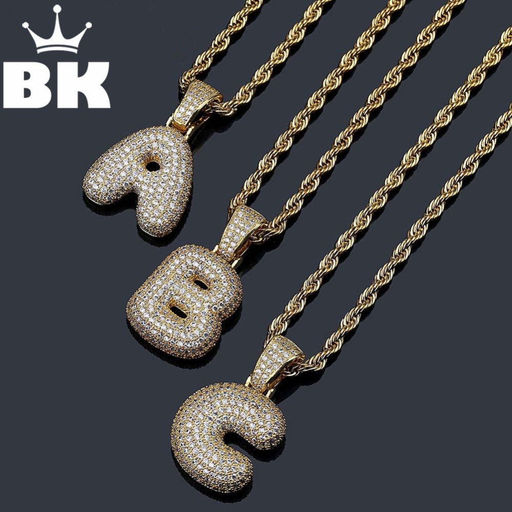 Bling CZ Custom Small Bubble Letters Pendant with Rope Chain Copper A-Z Initial Pendant Gold Silver Color Charm Pendant Necklace