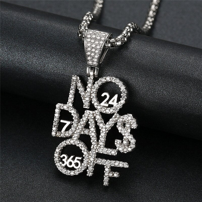 Bling Iced Out Letters NO DAYS OFF Pendant Necklace  Copper Pave Zircon Hip Hop Jewelry Gifts For Men Women