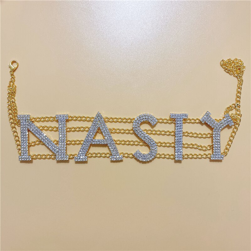 Bling Rhinestone NASTY BABY Letter Necklace  Exquisite Punk Hoop Collar Decoration Accessories Tassel Neck Chain
