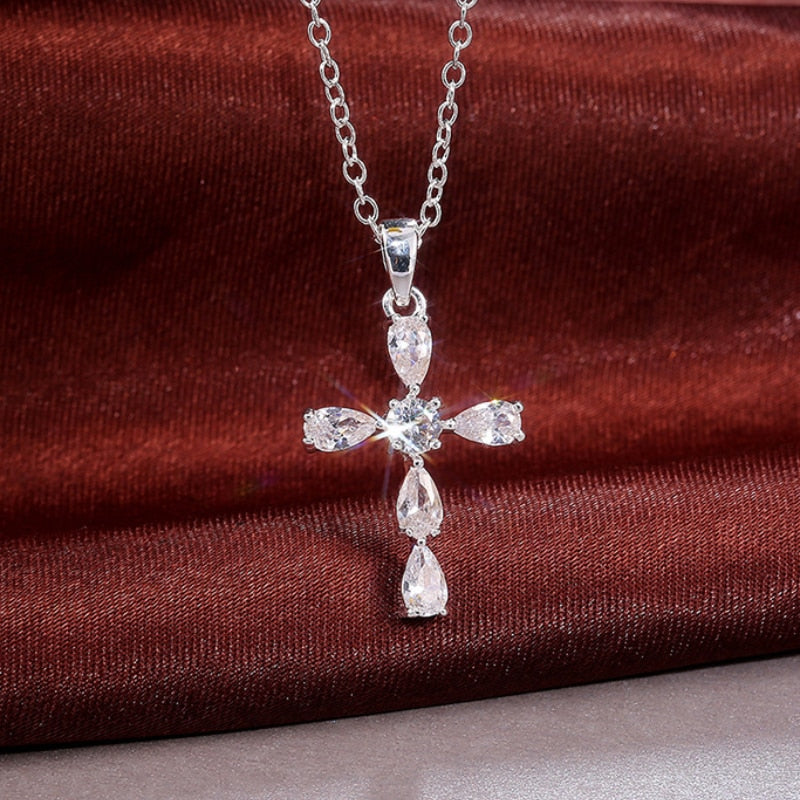 Bling Zirocn Stone Silver Color Cross Pendant Long Chain Necklace for Women Jewelry 2022 GIft