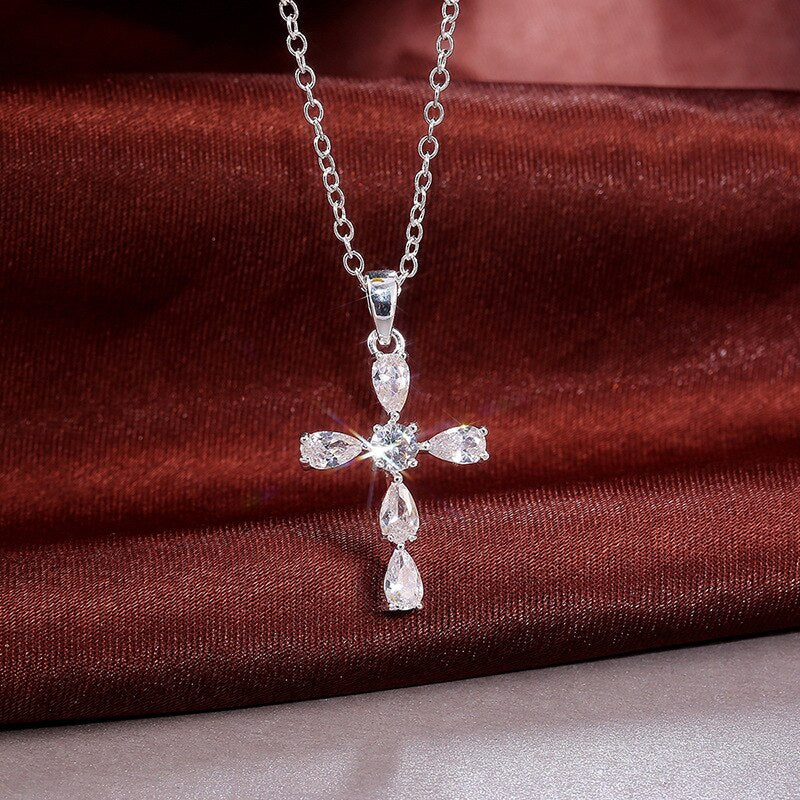 Bling Zirocn Stone Silver Color Cross Pendant Long Chain Necklace for Women Jewelry 2022 GIft