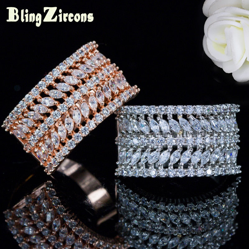 BlingZircons Luxury Designer Large Wide Wedding Band Rose Gold Color Cubic Zircon Crystal Party Rings Jewellery for Women R046