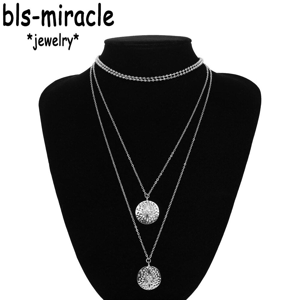 Bls-miracle Vintage Pillow ID Carved Item Jewelry Simple Multilayer Long Pendant Necklace Girl Gift N-019