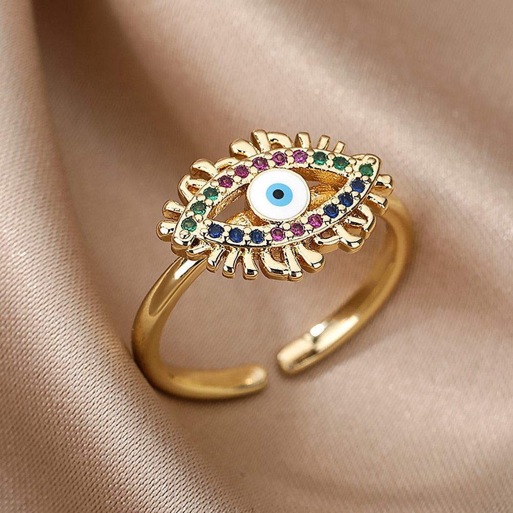 Blue Crystal Evil Eye Rings For Women Adjustable Stainless Steel Open Finger Ring Vintage Lucky Boho Jewelry Gift bague femme