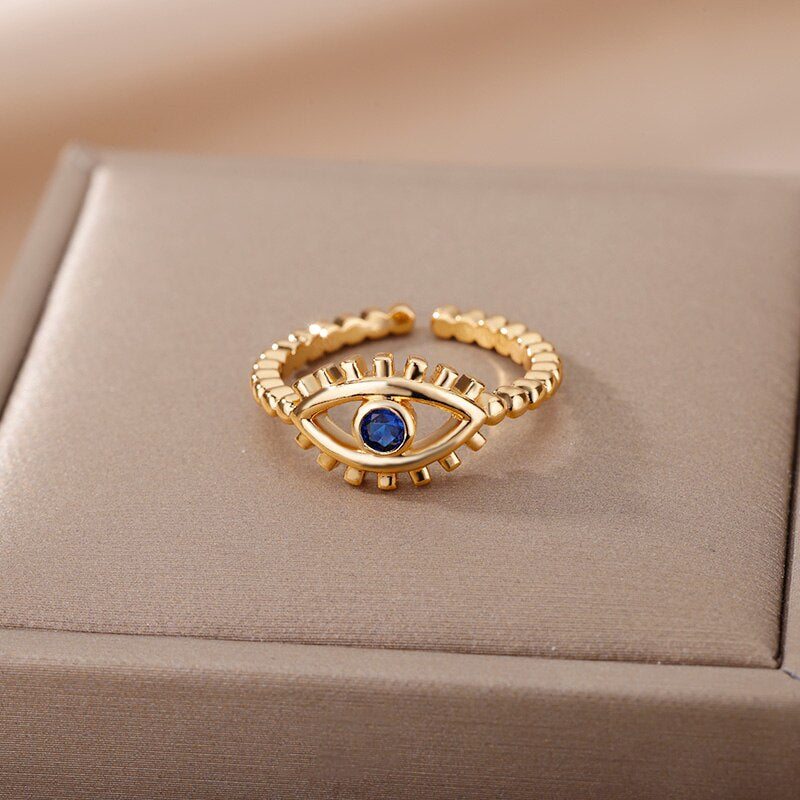 Blue Crystal Evil Eye Rings For Women Adjustable Stainless Steel Open Finger Ring Vintage Lucky Boho Jewelry Gift bague femme
