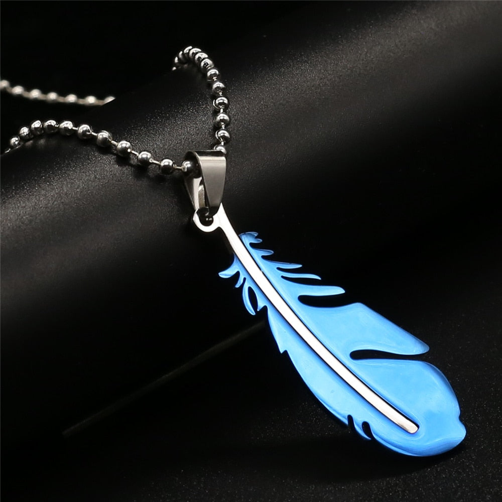 Blue Feather Design Stainless Steel Long Vintage Black Men Necklaces Pendant Necklaces For Women Female Male Jewelry