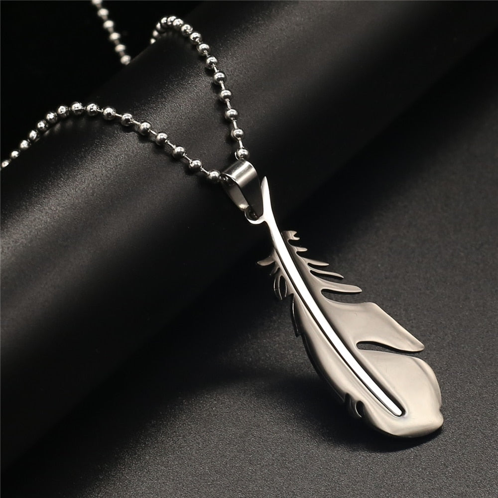 Blue Feather Design Stainless Steel Long Vintage Black Men Necklaces Pendant Necklaces For Women Female Male Jewelry