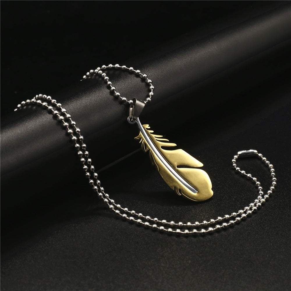 Blue Feather Design Stainless Steel Long Vintage Black Men Necklaces Pendant Necklaces For Women Female Male Jewelry