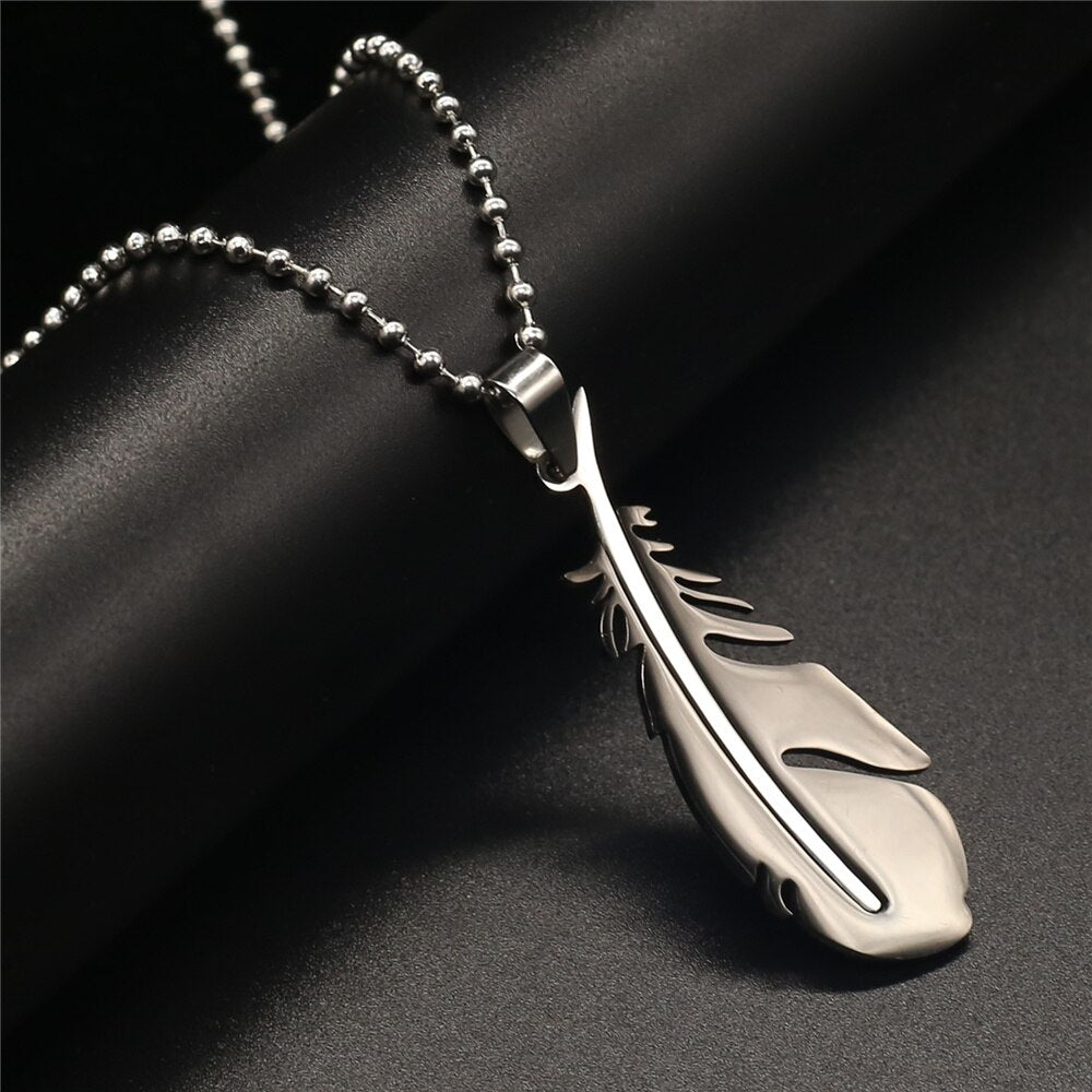 Blue Feather Design Stainless Steel Long Vintage Black Men Necklaces Pendant Necklaces For Women Female Male Jewelry