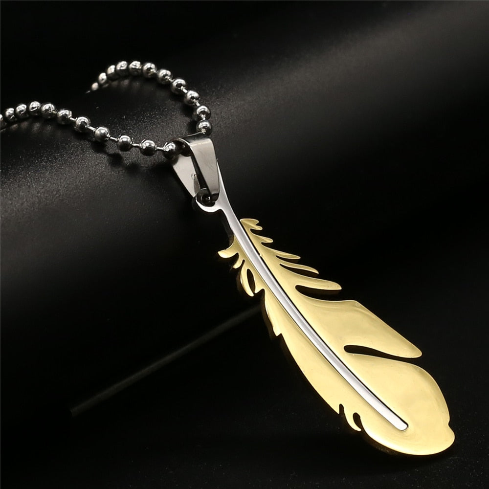 Blue Feather Design Stainless Steel Long Vintage Black Men Necklaces Pendant Necklaces For Women Female Male Jewelry