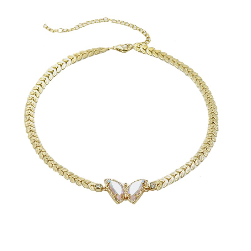 Blue Glass Pave Zircon Jewelry Leaves Chain Chunky Butterfly Necklace for Women