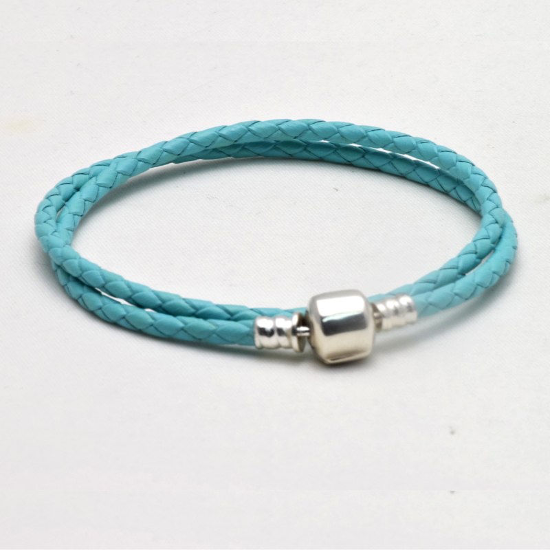 Blue Leather Bracelets 100% 925 Authentic Sterling Silver Fine Jewelry