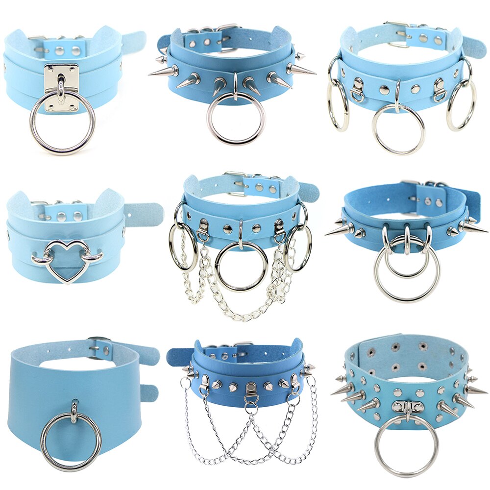 Blue PU Leather Choker Necklaces Jewelry for Cool Girl Stainless Steel Rivet Collar Party Club Trendy Clothing Accessories 2021