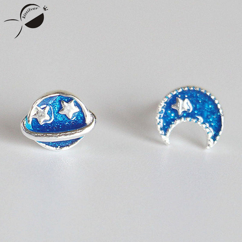 Blue S925 Sterling Silver Stud Earrings Cute Star Moon Women Earrings Fashion Party Jewelry Silver Young Female Stud Earring New