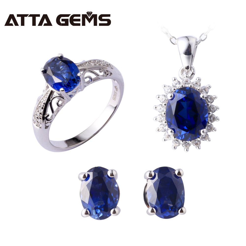 Blue Sapphire Sterling Silver Jewelry Set Women Wedding Engagement Silver Set Created Blue Sapphire Gemstone Classic Style
