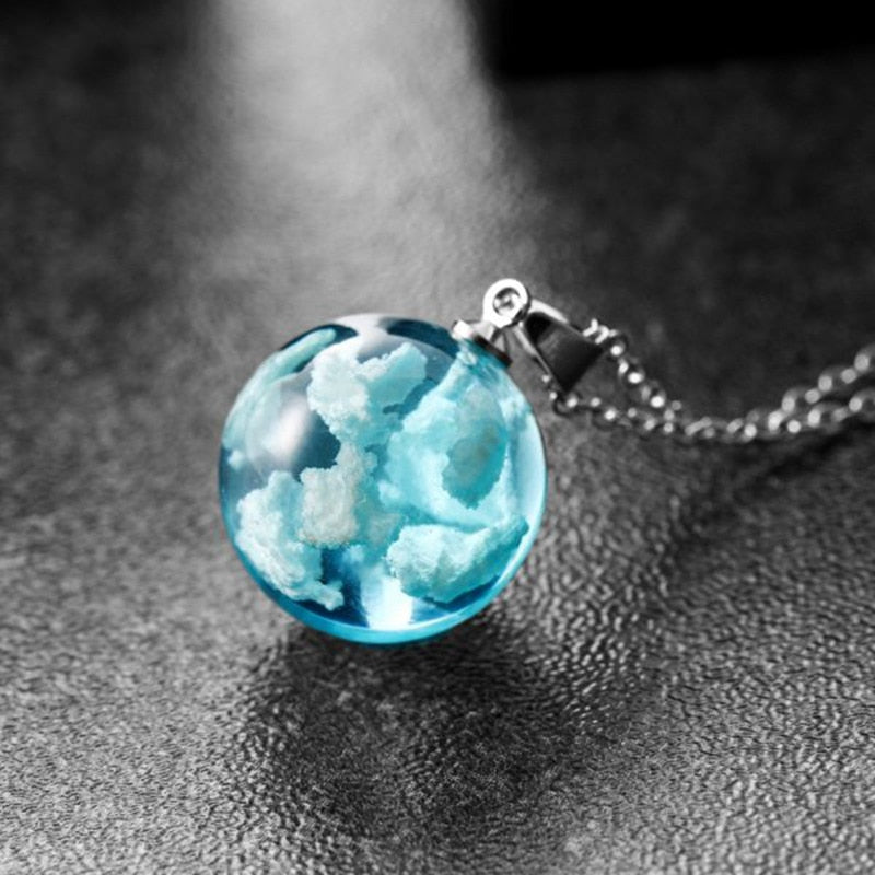 Blue Sky White Cloud Resin Ball Pendant Necklace For Women Eagle Silver Color Chain Choker Kids Girl Jewelry Gifts