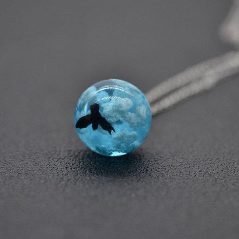 Blue Sky White Cloud Resin Ball Pendant Necklace For Women Eagle Silver Color Chain Choker Kids Girl Jewelry Gifts