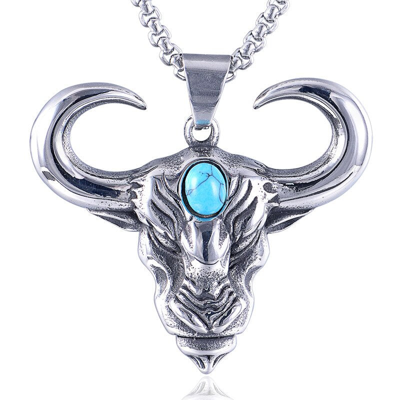 Blue Stone Animal Bull Head Men Necklace Pendant Exquisite Punk Hip Hop Glamour Party Gathering Male Jewelry Accessorie