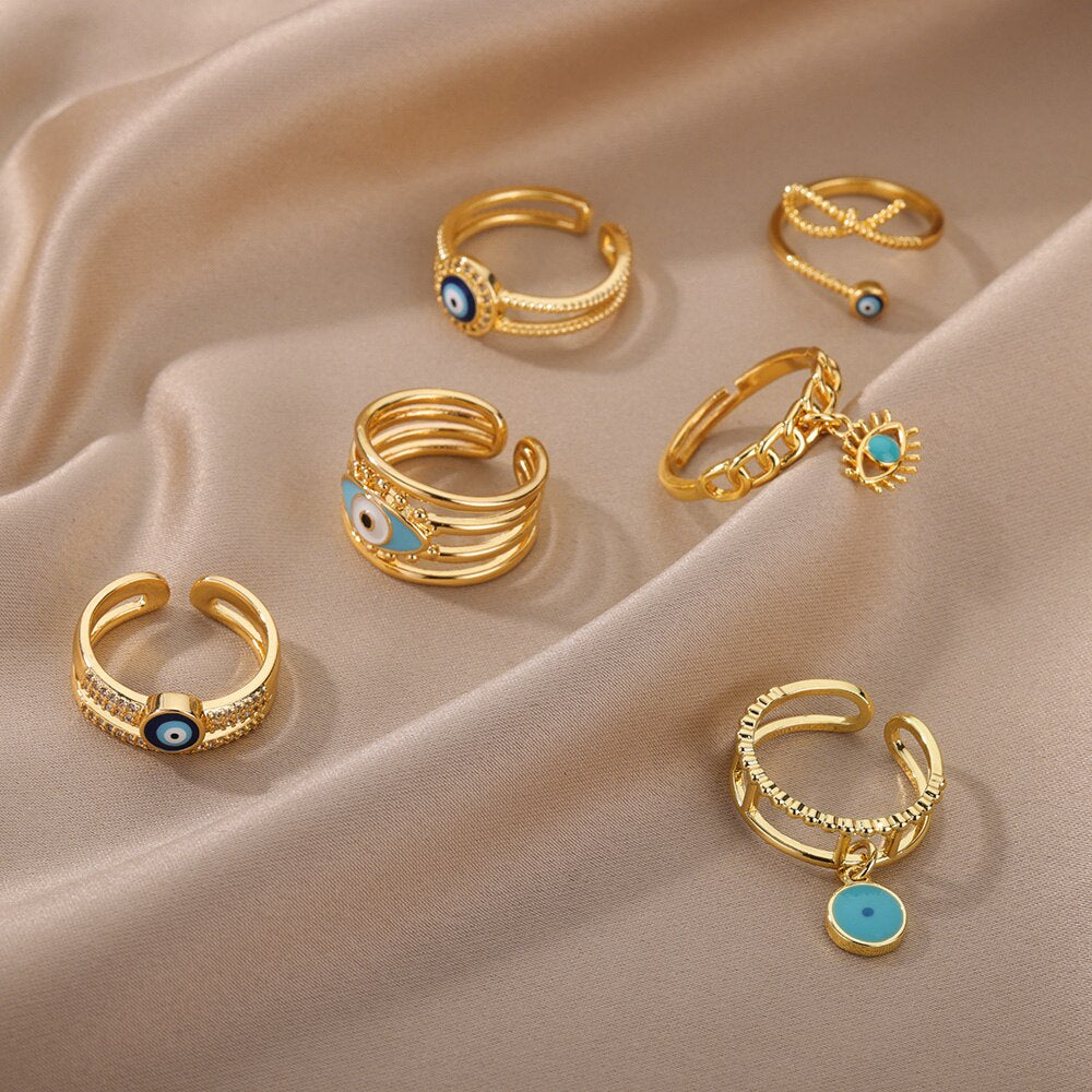 Blue Turkish Evil Eye Rings for Woman Adjustable Stainless Steel Gold Color Zircon Finger Ring Lucky Wedding Christmas Jewerly