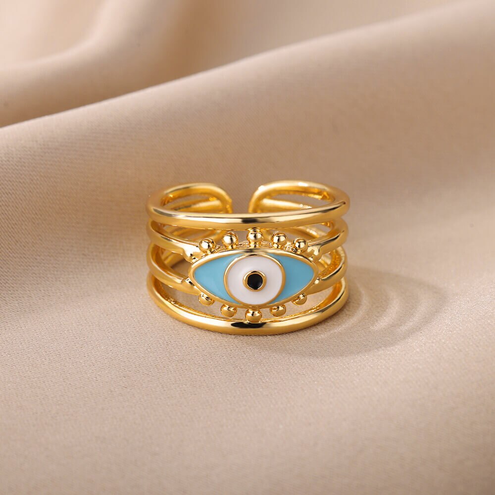 Blue Turkish Evil Eye Rings for Woman Adjustable Stainless Steel Gold Color Zircon Finger Ring Lucky Wedding Christmas Jewerly