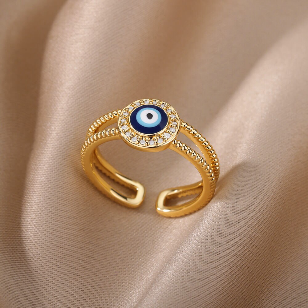 Blue Turkish Evil Eye Rings for Woman Adjustable Stainless Steel Gold Color Zircon Finger Ring Lucky Wedding Christmas Jewerly