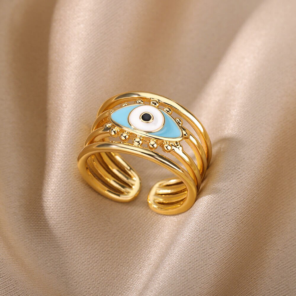 Blue Turkish Evil Eye Rings for Woman Adjustable Stainless Steel Gold Color Zircon Finger Ring Lucky Wedding Christmas Jewerly