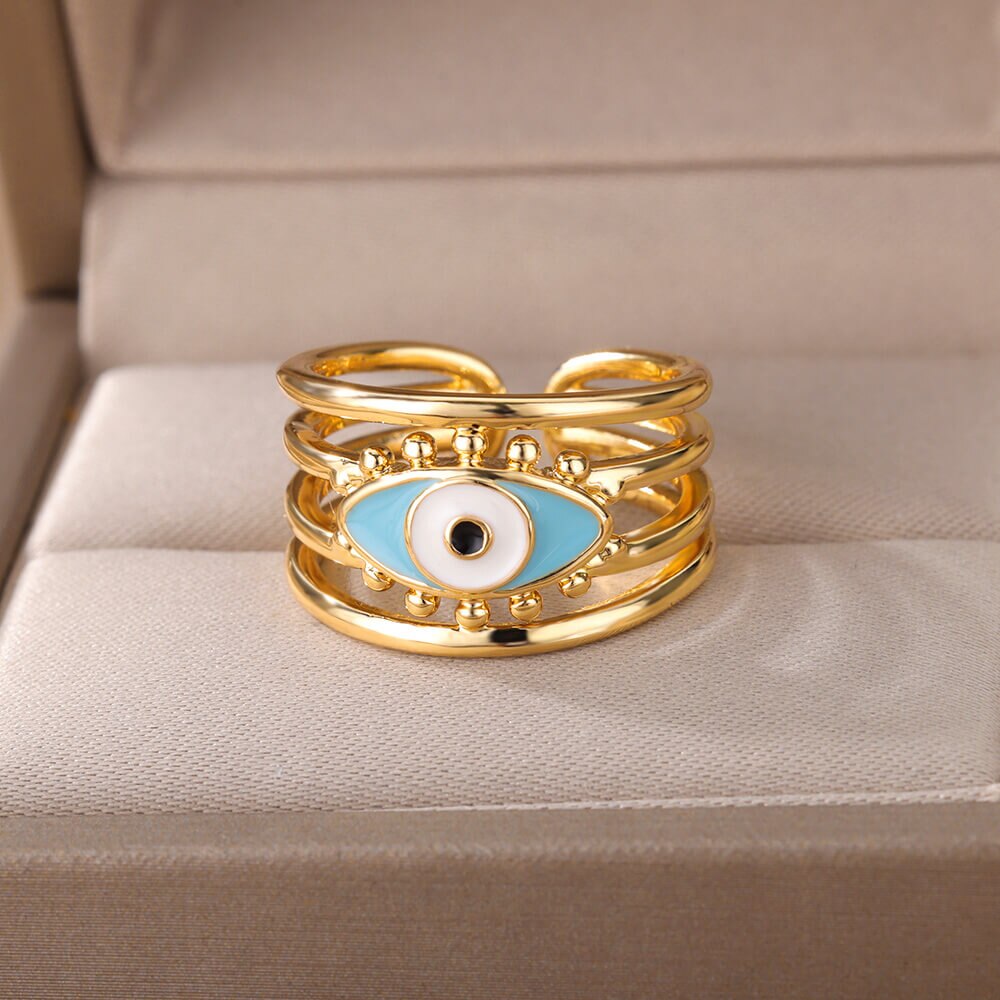 Blue Turkish Evil Eye Rings for Woman Adjustable Stainless Steel Gold Color Zircon Finger Ring Lucky Wedding Christmas Jewerly
